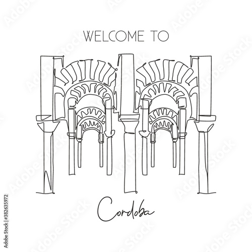 One continuous line drawing Cordoba Mosque or Mezquita landmark. Beautiful place at Andalusia, Spain. Holiday vacation wall decor poster art concept. Trendy single line draw design vector illustration photo