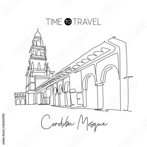 Single continuous line drawing Great Mosque of Cordoba landmark. Famous place in Andalusia  Spain. World travel campaign wall decor print art concept. Dynamic one line draw design vector illustration