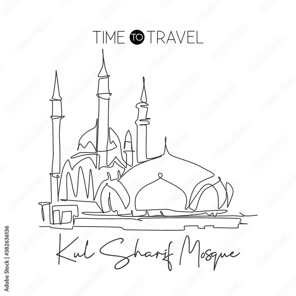 Single continuous line drawing Kul Sharif Mosque landmark. Beautiful famous place in Kazan Russia. World holy place home wall decor poster art concept. Dynamic one line draw design vector illustration