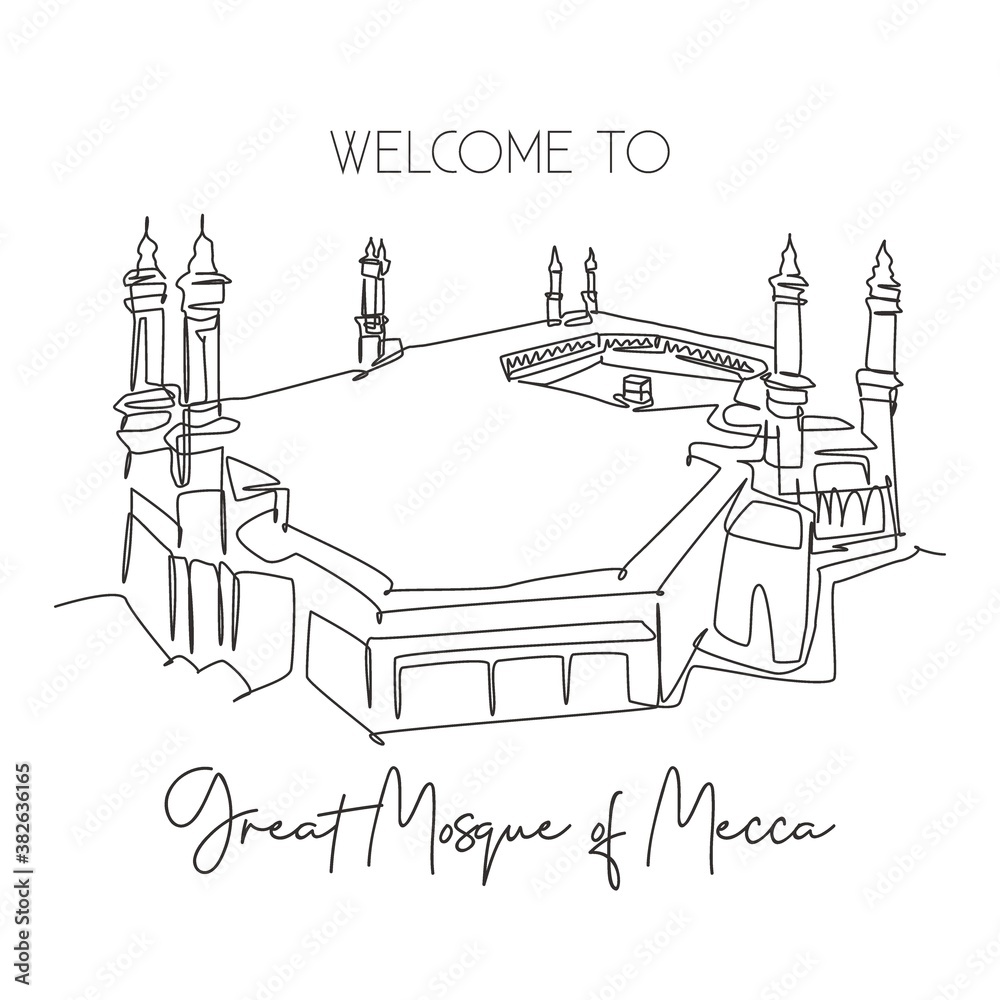 One continuous line drawing great mosque of masjid al haram landmark. Famous place in Mecca, Saudi Arabia. Hajj umrah wall decor poster art concept. Trendy single line draw design vector illustration