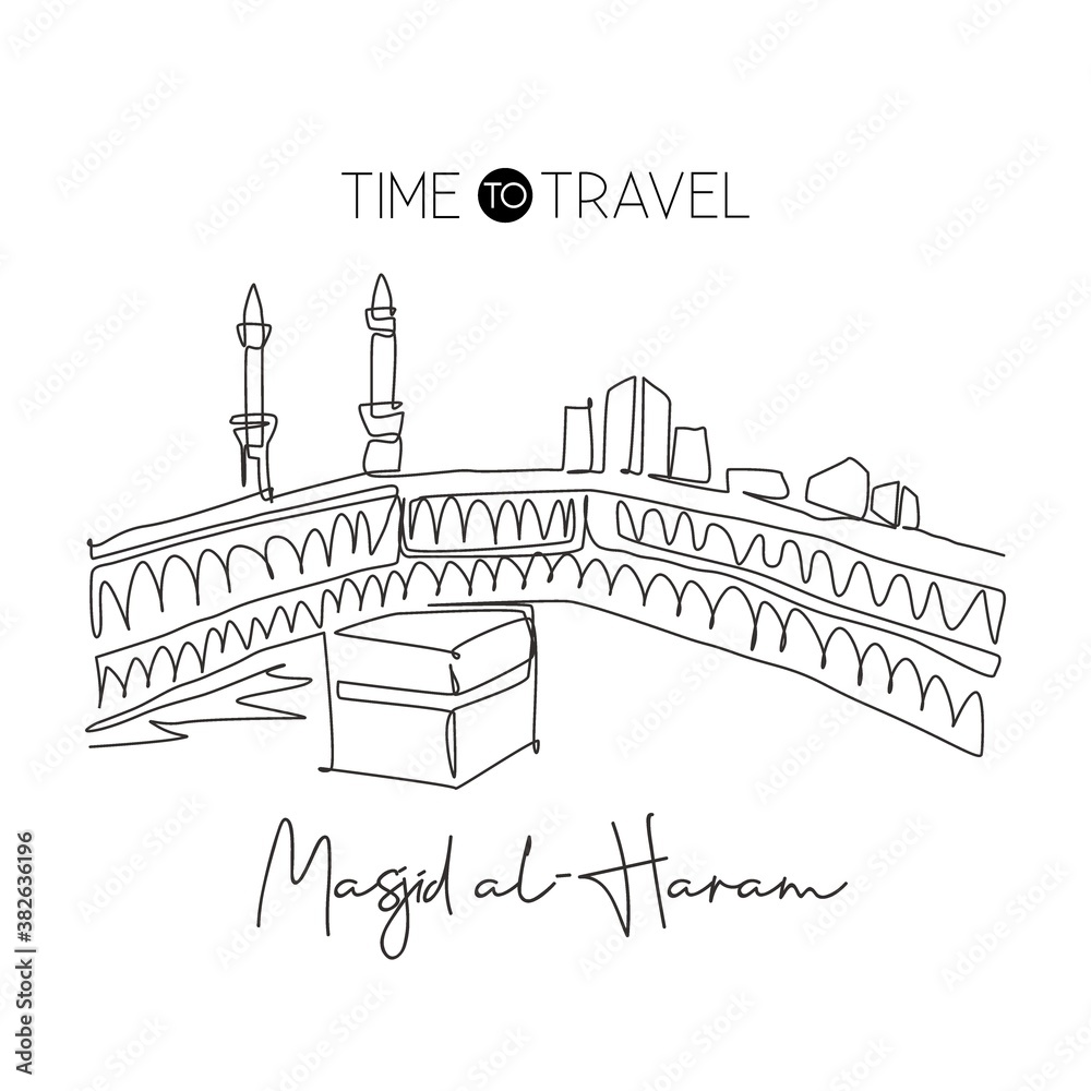One single line drawing Masjid el Haram landmark. World famous iconic in Mecca, Saudi Arabia. Religious hajj umrah concept wall decor print art. Modern continuous line draw design vector illustration