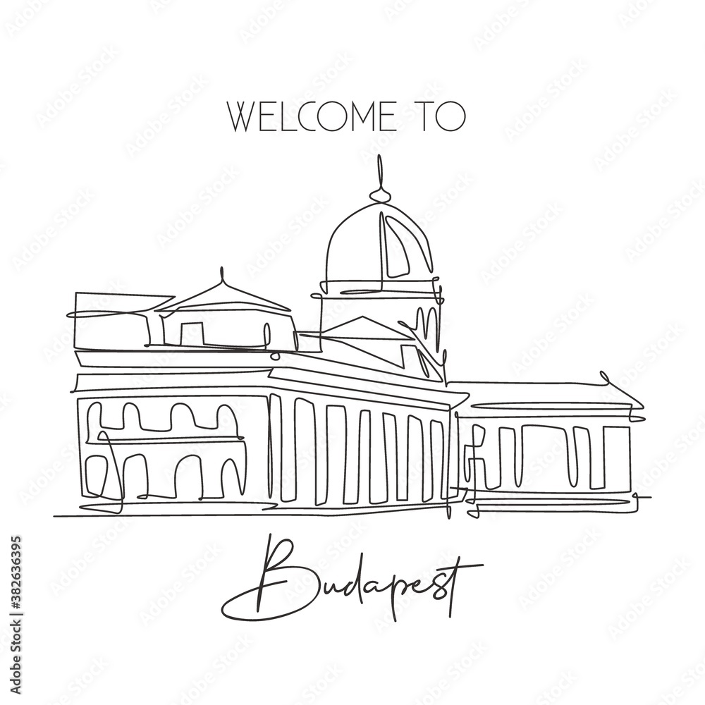 Fototapeta premium One single line drawing Buda Castle landmark. World famous iconic palace in Budapest Hungary. Tourism travel postcard wall decor poster print concept. Continuous line draw design vector illustration