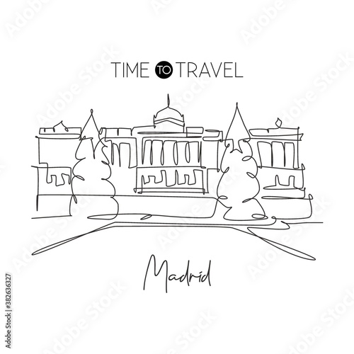 One continuous line drawing Royal Palace of Madrid landmark. Historical Palacio Real de Madrid in Spain. Holiday vacation wall decor poster concept. Modern single line draw design vector illustration