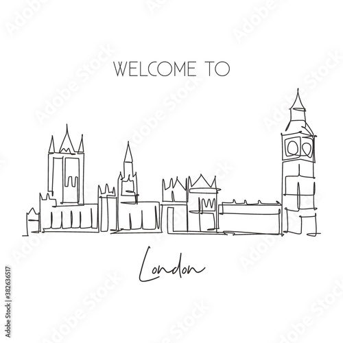 One single line drawing house of parliament London landmark. World famous iconic in England United Kingdom. Tourism and travel post card concept. Trendy continuous line draw design vector illustration