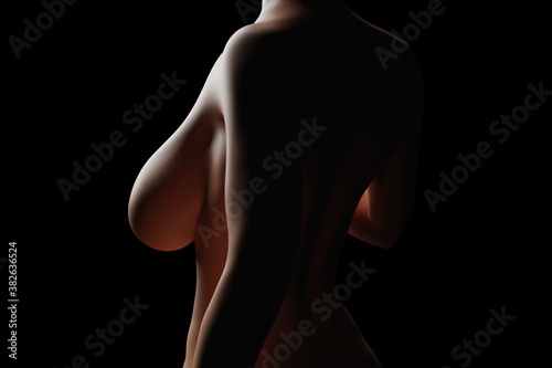 Silhouette of nude woman with huge breasts