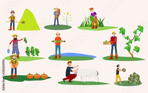 Set of farmer people working, planting, gathering harvest, collecting water melons,   carrying fruits, milking cow, working on tractor. Flat  vector illustration