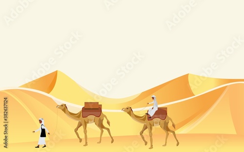 Caravan of nomad arabians on camels walking among sand barhans  in desert vector.