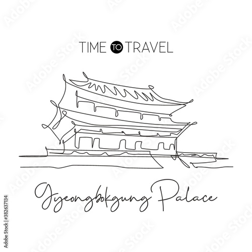 Single continuous line drawing Gyeongbokgung Palace landmark. Beautiful famous place in Seoul, Korea. World travel home wall decor poster print concept. Modern one line draw design vector illustration