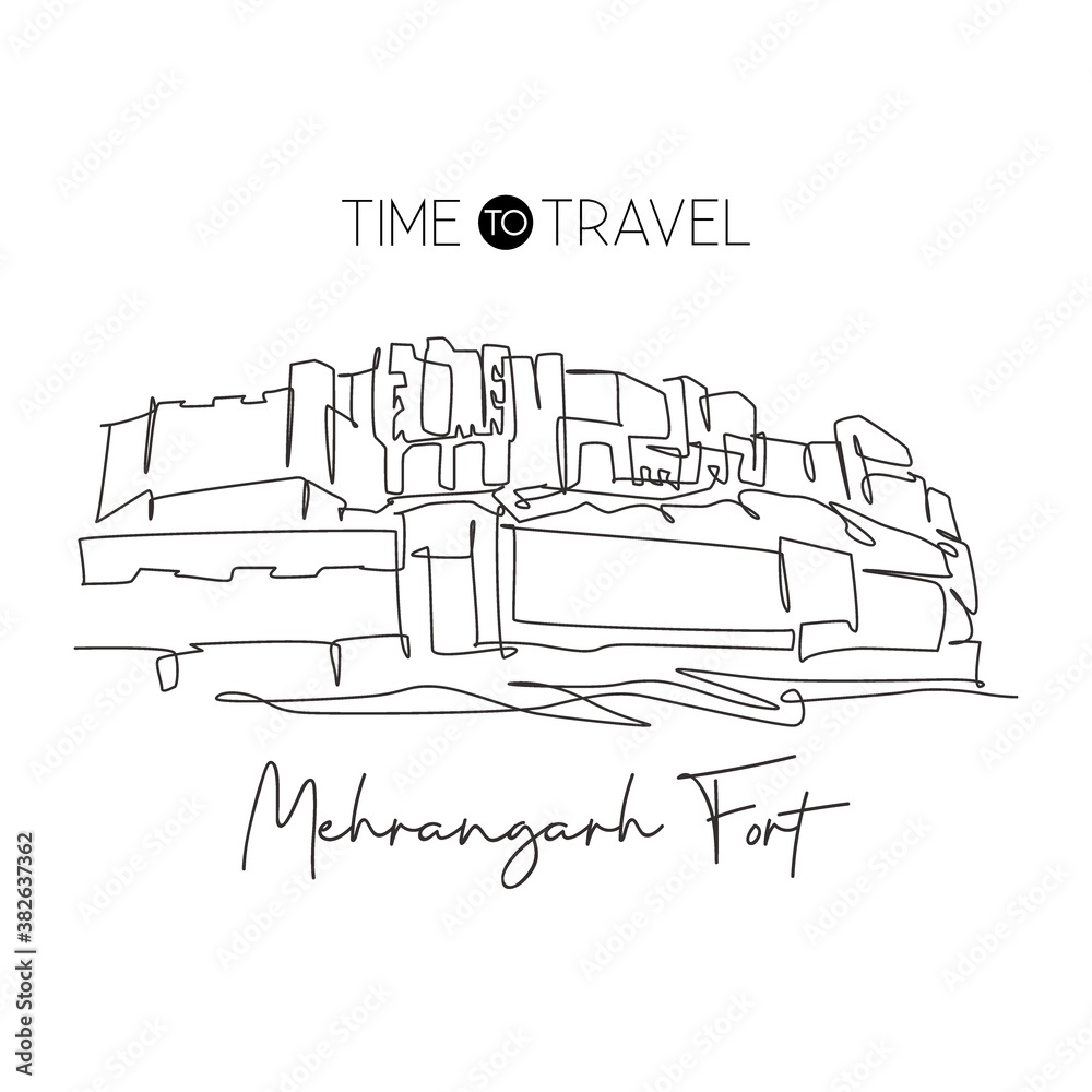 One single line drawing Mehrangarh Fort landmark. Famous historic place in Jodhpur India. Tourism travel home wall decor poster postcard concept. Modern continuous line draw design vector illustration