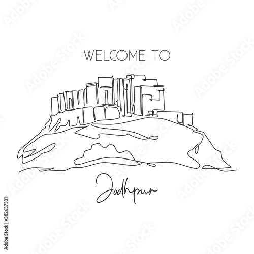 Single continuous line drawing Mehrangarh Fort landmark. Most beautiful place in Jodhpur, India. World travel home decor wall art poster print concept. Modern one line draw design vector illustration