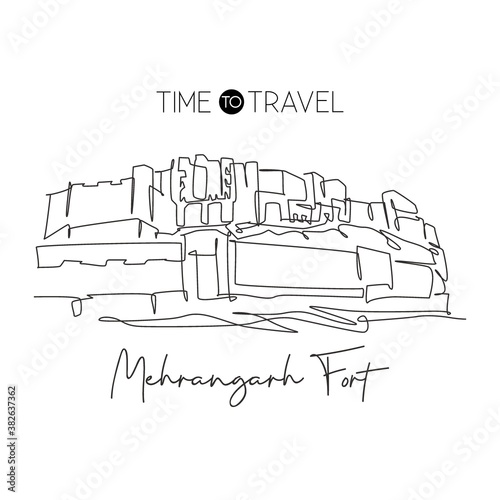 One single line drawing Mehrangarh Fort landmark. Famous historic place in Jodhpur India. Tourism travel home wall decor poster postcard concept. Modern continuous line draw design vector illustration
