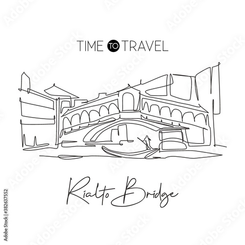 One continuous line drawing Rialto Bridge landmark. Most beautiful romantic place in Venice, Italy. Holiday vacation home wall decor poster concept. Modern single line draw design vector illustration
