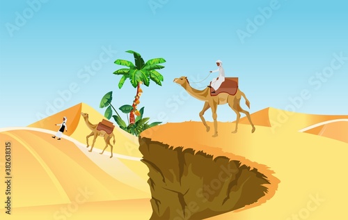 Caravan of nomad arabians on camels walking among sand barhans  in desert vector. photo