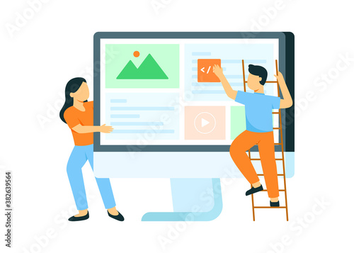 illustration of website development concept, group of people building landing page on computer screen photo