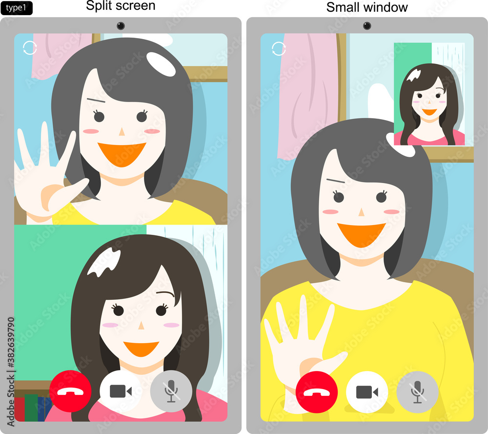 ビデオ通話する若い女性2人のスマホ画面のイラスト 線なし 2パターン Stock Vector Adobe Stock