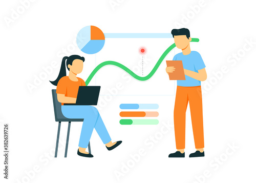 Business analyzing  illustration concept, woman sitting with laptop and man standing holding file in front of data chart on board