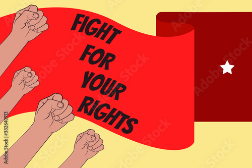 Revolutionary poster with flag. Hands are clenched into fists. Fight for your rights. Vector illustration