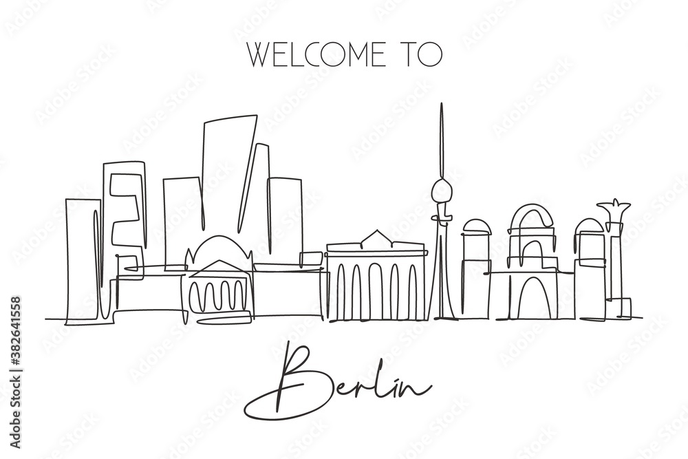 One continuous line drawing Berlin city skyline. Beautiful city skyscraper landscape. World home decor wall art poster art tourism travel vacation concept. Single line draw design vector illustration