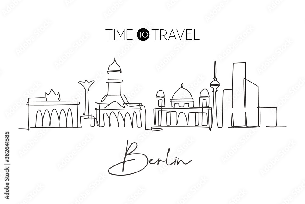 Single continuous line drawing of Berlin city skyline. Famous city skyscraper landscape. World travel postcard home decor wall art poster print concept. Modern one line draw design vector illustration