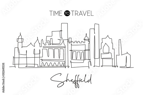 One continuous line drawing of Sheffield city skyline. Beautiful city skyscraper. World landscape tourism travel vacation wall decor poster concept. Trendy single line draw design vector illustration