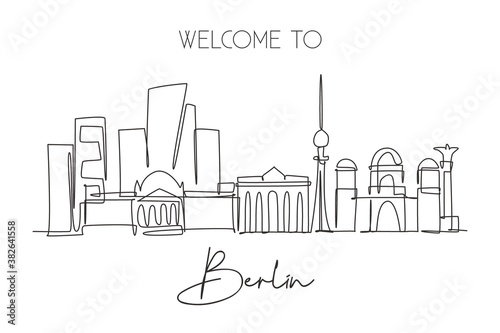 One continuous line drawing Berlin city skyline. Beautiful city skyscraper landscape. World home decor wall art poster art tourism travel vacation concept. Single line draw design vector illustration
