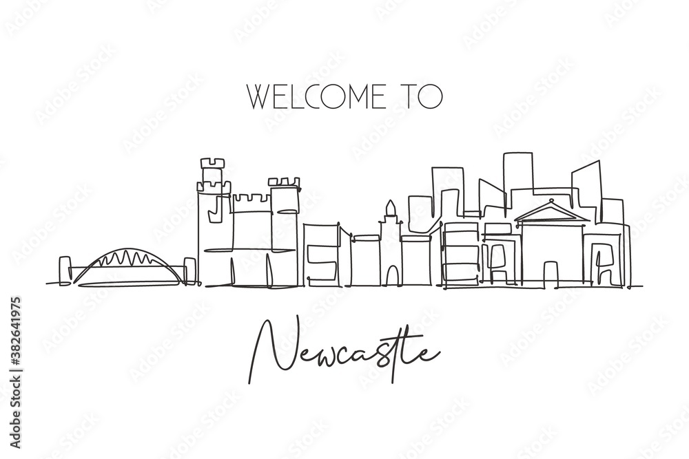 One continuous line drawing of Newcastle city skyline. Beautiful city skyscraper world landscape tourism travel vacation home wall decor poster art concept. Single line draw design vector illustration