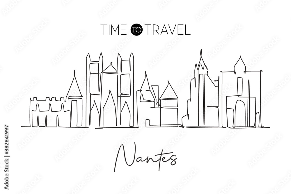 One single line drawing of Nantes city skyline, France. Historical skyscraper and landscape in world. Best holiday destination wall decor poster. Trendy continuous line draw design vector illustration