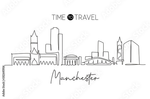 One single line drawing of Manchester city skyline. City skyscraper landscape in world. Best destination holiday wall decor poster art vacation concept. Continuous line draw design vector illustration