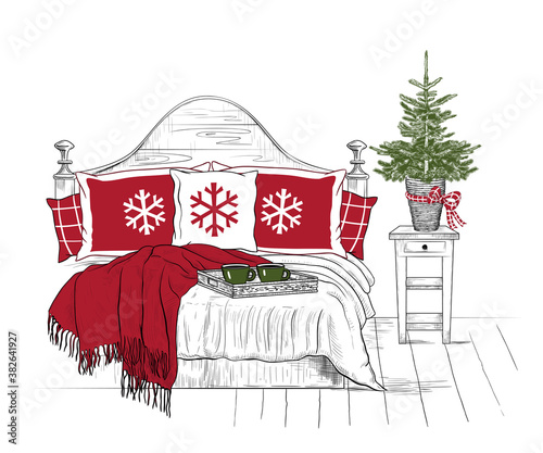 . Christmas Bedroom. Bed with pillows, blanket  and a tray with cups of coffee. Bedside table with a Christmas tree in a wicker basket. Vector vintage illustration . Color sketch..