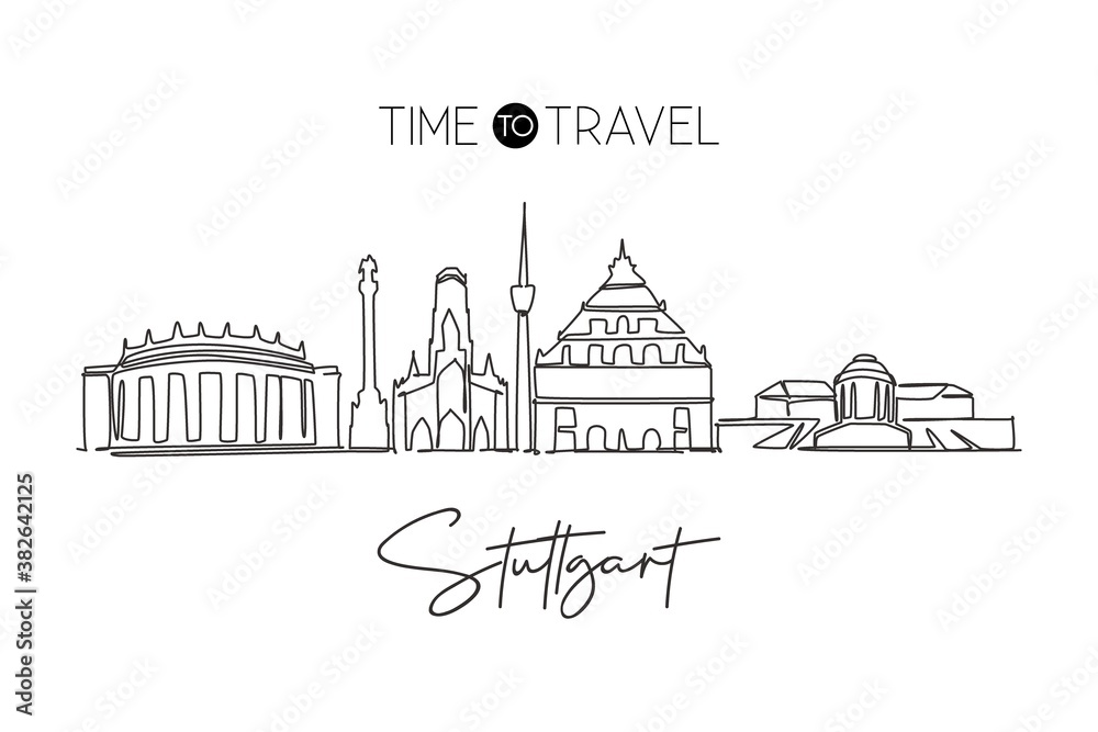 One continuous line drawing Stuttgart city skyline Germany. Beautiful skyscraper. World landscape tourism travel vacation wall decor poster concept. Stylish single line draw design vector illustration