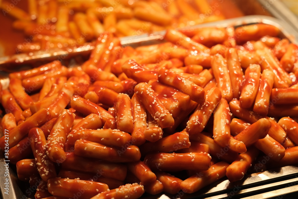 close up Korean Topokki (rice cake). Traditional Korean snack close up Korean Topokki (rice cake). Traditional Korean snack