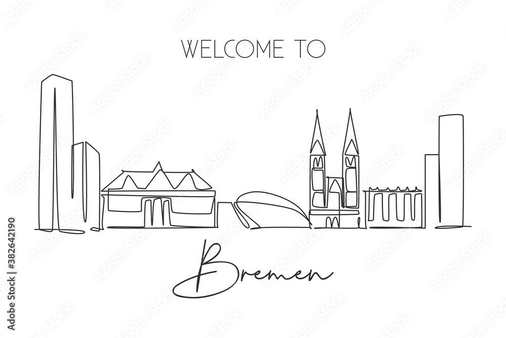 One continuous line drawing Bremen city skyline, Germany. Beautiful skyscraper. World landscape tourism travel vacation wall decor poster concept. Stylish single line draw design vector illustration