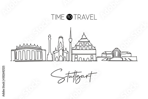 One continuous line drawing Stuttgart city skyline Germany. Beautiful skyscraper. World landscape tourism travel vacation wall decor poster concept. Stylish single line draw design vector illustration