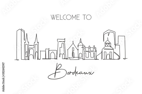 One single line drawing of Bordeaux city skyline, France. Historical skyscraper landscape in world. Best holiday home wall decor poster art destination. Continuous line draw design vector illustration