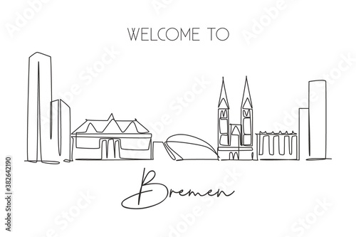 One continuous line drawing Bremen city skyline, Germany. Beautiful skyscraper. World landscape tourism travel vacation wall decor poster concept. Stylish single line draw design vector illustration