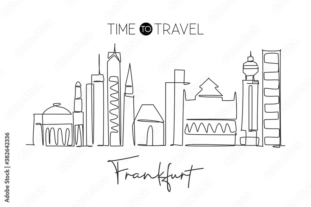 One single line drawing Frankfurt city skyline, Germany. Historical skyscraper landscape in world. Best holiday wall decor poster destination. Trendy continuous line draw design vector illustration