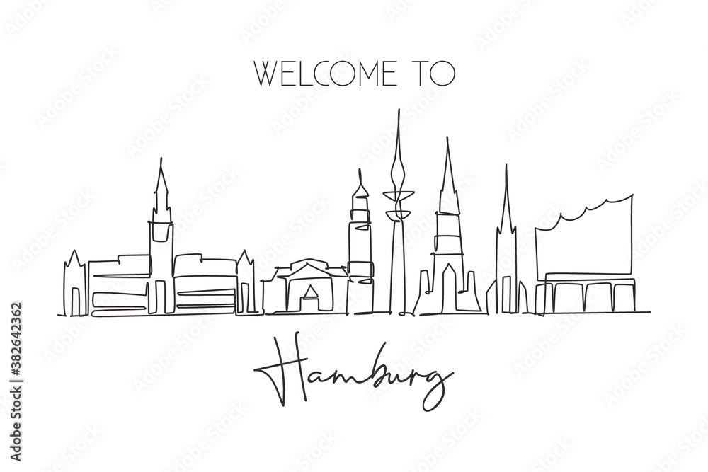 One continuous line drawing of Hamburg city skyline, Germany. Beautiful skyscraper. World landscape tourism travel wall decor poster print concept. Stylish single line draw design vector illustration