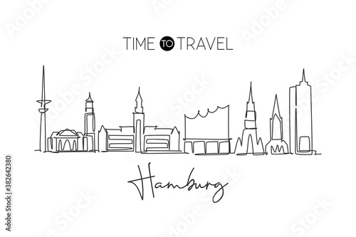 Single continuous line drawing of Hamburg city skyline Germany. Famous city skyscraper landscape. World travel home wall decor poster print art concept. Modern one line draw design vector illustration