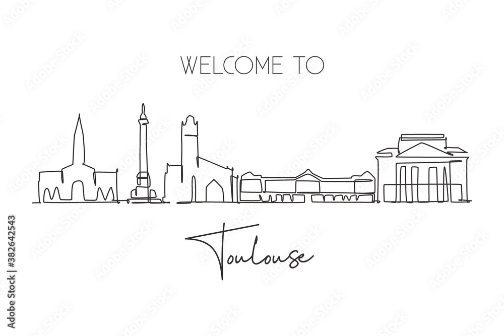 One continuous line drawing of Toulouse city skyline, France. Beautiful skyscraper postcard. World landscape tourism travel vacation wall decor poster art. Single line draw design vector illustration