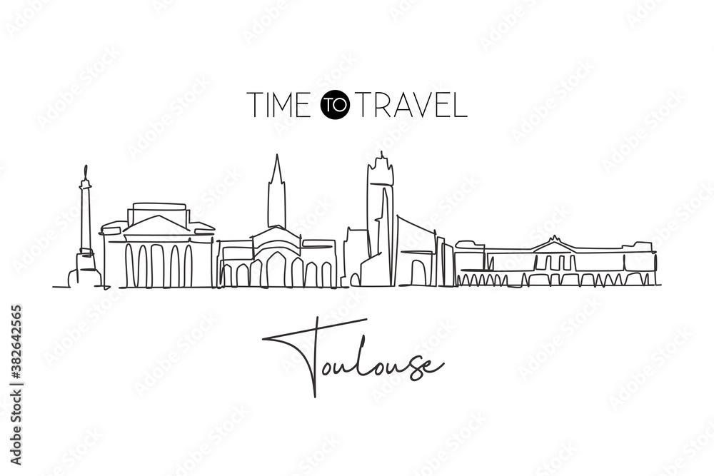 One single line drawing of Toulouse city skyline, France. Historical skyscraper landscape in world. Best holiday destination wall decor poster. Trendy continuous line draw design vector illustration