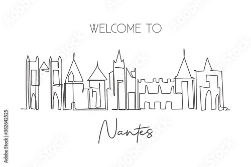 One continuous line drawing of Nantes city skyline, France. Beautiful city skyscraper. World landscape tourism travel wall decor poster art concept. Stylish single line draw design vector illustration