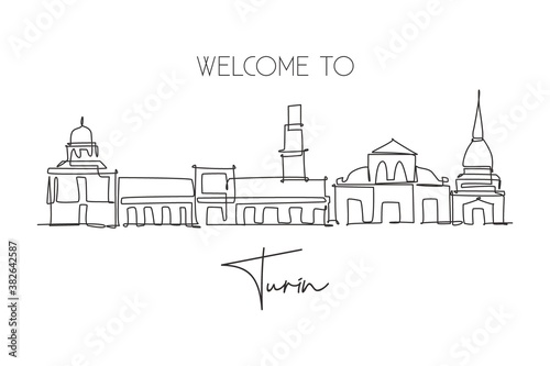 One continuous line drawing of Turin city skyline, Italy. Beautiful skyscraper. World landscape tourism travel vacation concept wall decor poster. Stylish single line draw design vector illustration