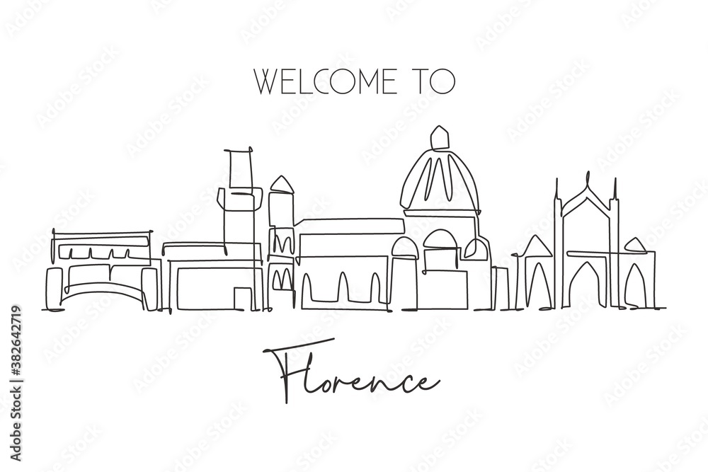 One single line drawing of Florence city skyline, Italy. Historical skyscraper landscape in world. Best holiday destination wall decor poster. Trendy continuous line draw design vector illustration