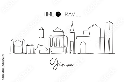 One single line drawing of Genoa city skyline, Italy. Historical skyscraper landscape in world. Best holiday destination wall decor poster print. Trendy continuous line draw design vector illustration