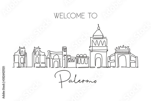 One continuous line drawing Palermo city skyline, Italy. Beautiful skyscraper. World landscape tourism travel vacation wall decor poster concept. Stylish single line draw design vector illustration