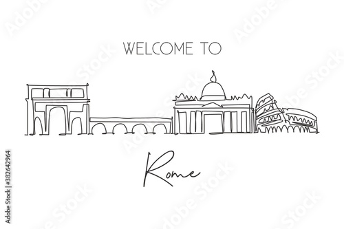 Single continuous line drawing of Rome city skyline, Italy. Famous Roma skyscraper landscape. World travel home wall decor poster print art concept. Modern one line draw design vector illustration