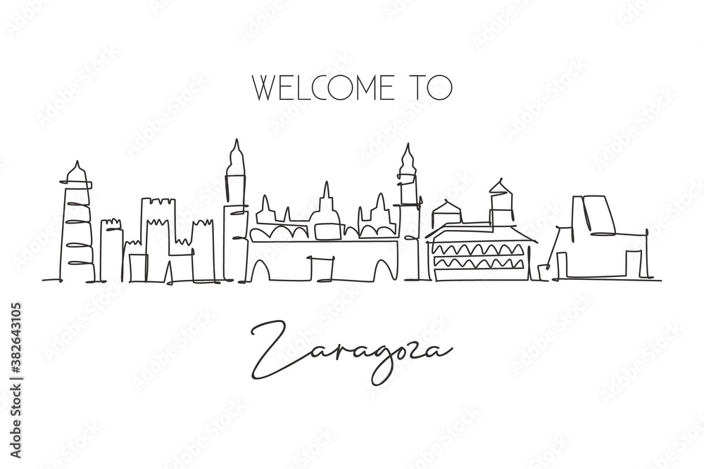 One continuous line drawing Zaragoza city skyline Spain. Beautiful skyscraper postcard. World landscape tourism travel vacation wall decor poster concept. Single line draw design vector illustration