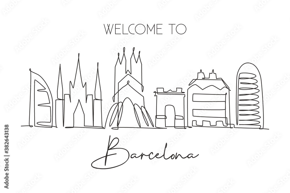 One single line drawing of Barcelona city skyline, Spain. Historical skyscraper landscape in world postcard. Best holiday destination wall decor poster. Continuous line draw design vector illustration - obrazy, fototapety, plakaty 