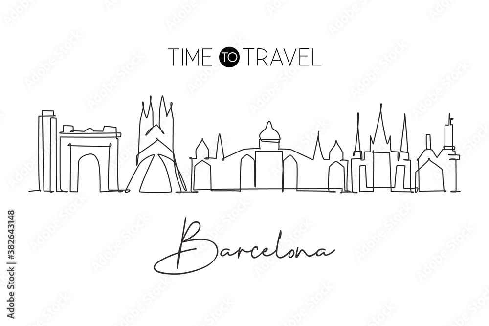 Single continuous line drawing of Barcelona city skyline, Spain. Famous