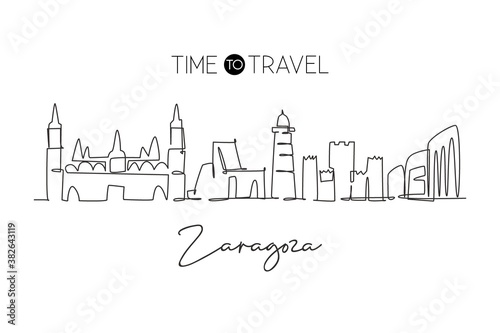 Obraz na plátně One single line drawing of Zaragoza city skyline, Spain